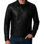 Classic Solid Black Leather Jacket For Men