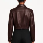 Women's Glossy Brown Blouson Cropped Leather Jacket - Image 2