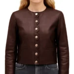 Tweed Style Brown Leather Jacket For Women