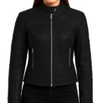 Classic Leather Black Quilted Racer Jacket For Women