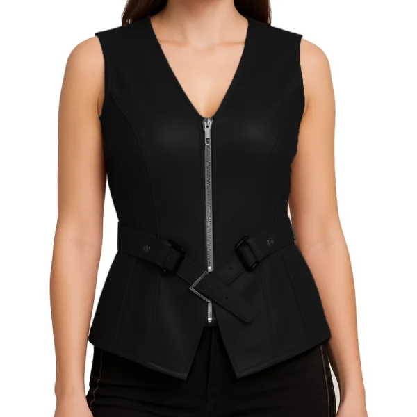 Satin Lining Classic Black Leather Vest For Women