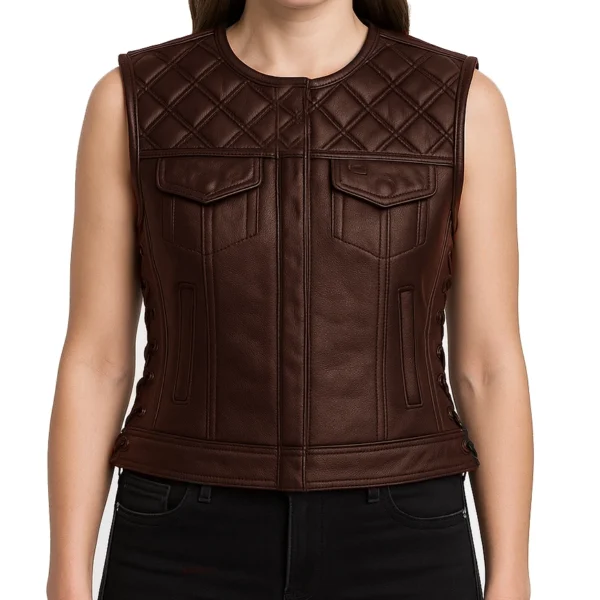 Diamond Quilt Brown Leather Vest For Women