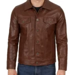 Men's Cognac Brown Trucker Leather Jacket Shirt Style
