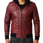 Men's Maroon Bomber Leather Jacket With Removable Hood