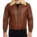 Men’s Cognac Leather Bomber Jacket with Fur Collar