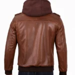 Men's Cognac Leather Bomber Jacket With Removable Hood - Image 2