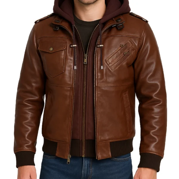 Men's Cognac Leather Bomber Jacket With Removable Hood