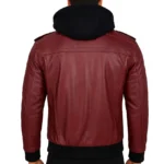 Men's Maroon Bomber Leather Jacket With Removable Hood - Image 2