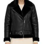 Women's Black Shearling Lining Leather Moto Jacket