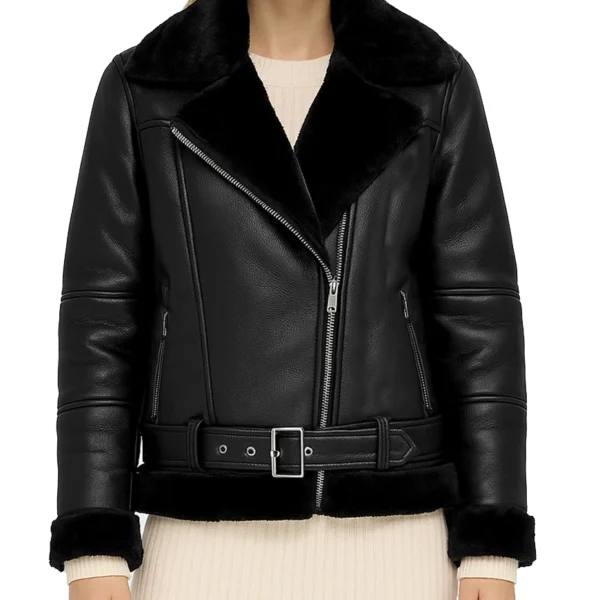 Women's Black Shearling Lining Leather Moto Jacket