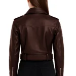 Classic Lapel Collar Women's Brown Cropped Leather Jacket - Image 2