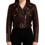 Classic Lapel Collar Women's Brown Cropped Leather Jacket