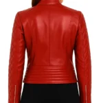 Diamond Quilted Red Leather Biker Jacket For Women - Image 2