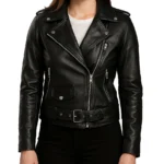 Asymmetrical Black Leather Motorcycle Jacket For Women
