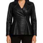 Asymmetrical Black Leather Peplum Jacket For Women