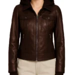 Brown Color Removable Hood Bomber Jacket For Women