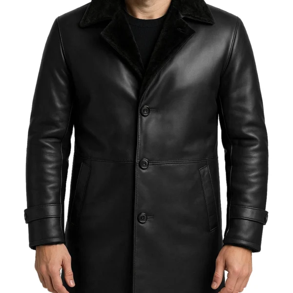 Men's 3/4 Length Black Shearling Leather Coat