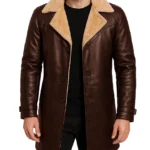 Men's Brown 3/4 Length Shearling Leather Coat