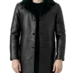 Men's Black Leather Coat with Black Shearling