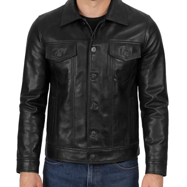 Men's Black Trucker Leather Jacket Shirt Style