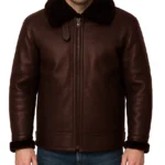 Men's Brown Aviator Shearling Leather Jacket with Turn-Down Collar