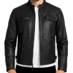 Men's Quilted Shoulder Black Cafe Racer Leather Jacket