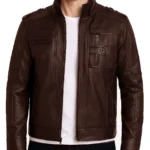 Men's Cafe Racer Style Matte Brown Leather Jacket